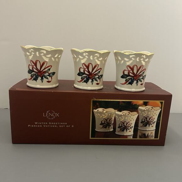 Lenox Pierced Votives Winter Greetings Set Of 3 w/Tea Lights - Picture 1 of 9